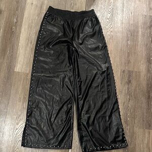 Black Faux Leather Wide-Leg Pants with Stud Trim